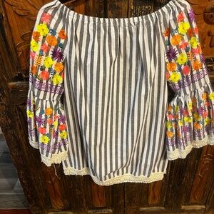Velzera Black and White Striped Blouse with Colorful Floral Embroidery
